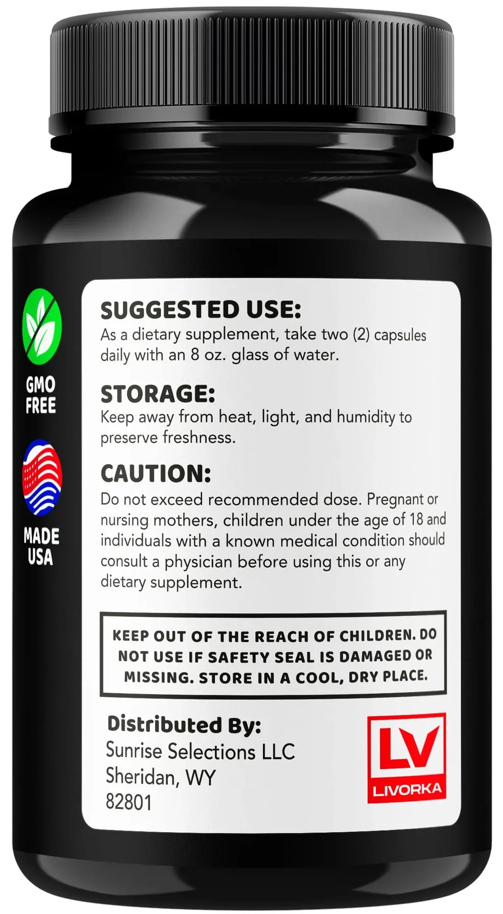 Blood Commander bottle back label showing GMO-free, made in USA and suggested use