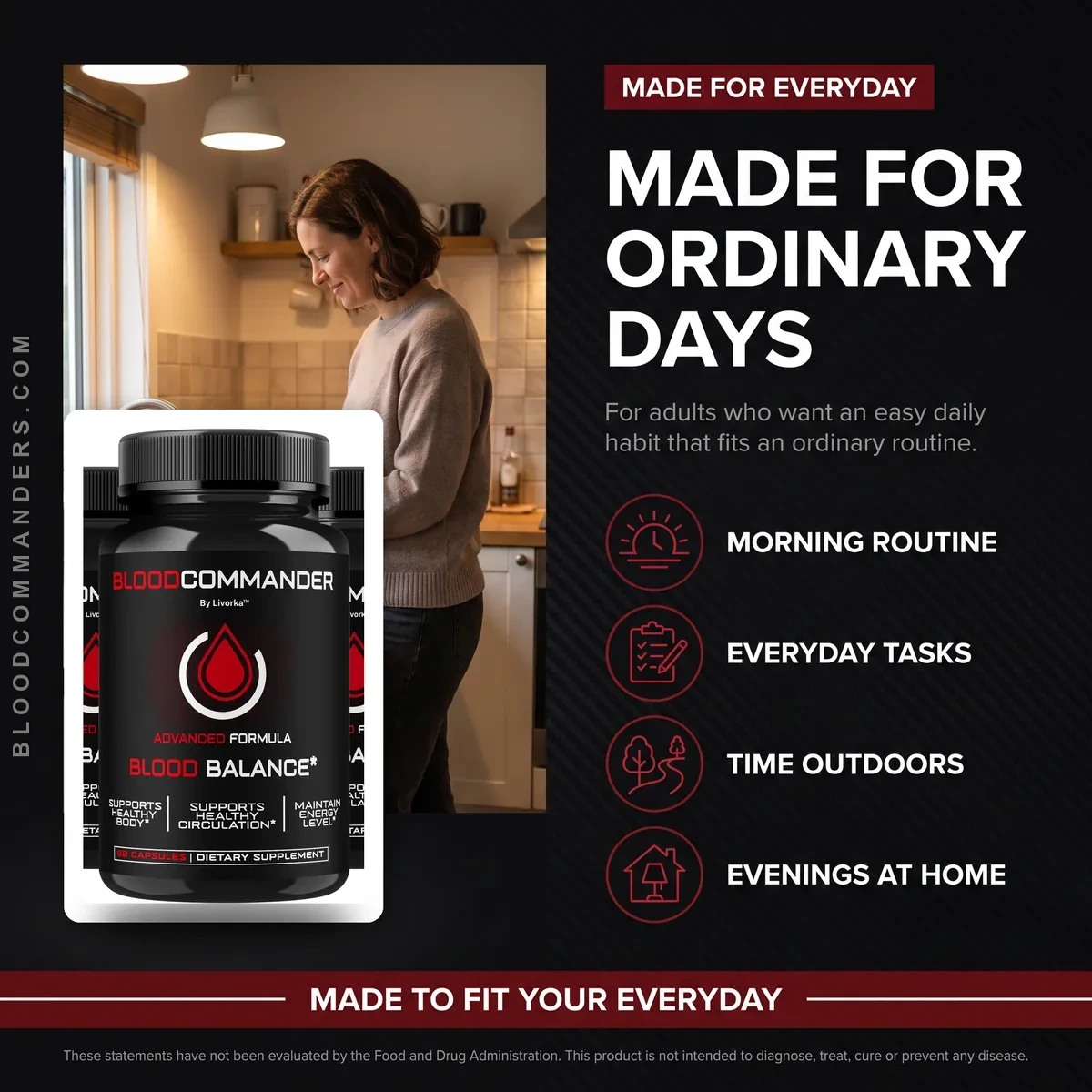 Blood Commander is made for ordinary days: adults supporting healthy blood and circulation alongside diet and exercise