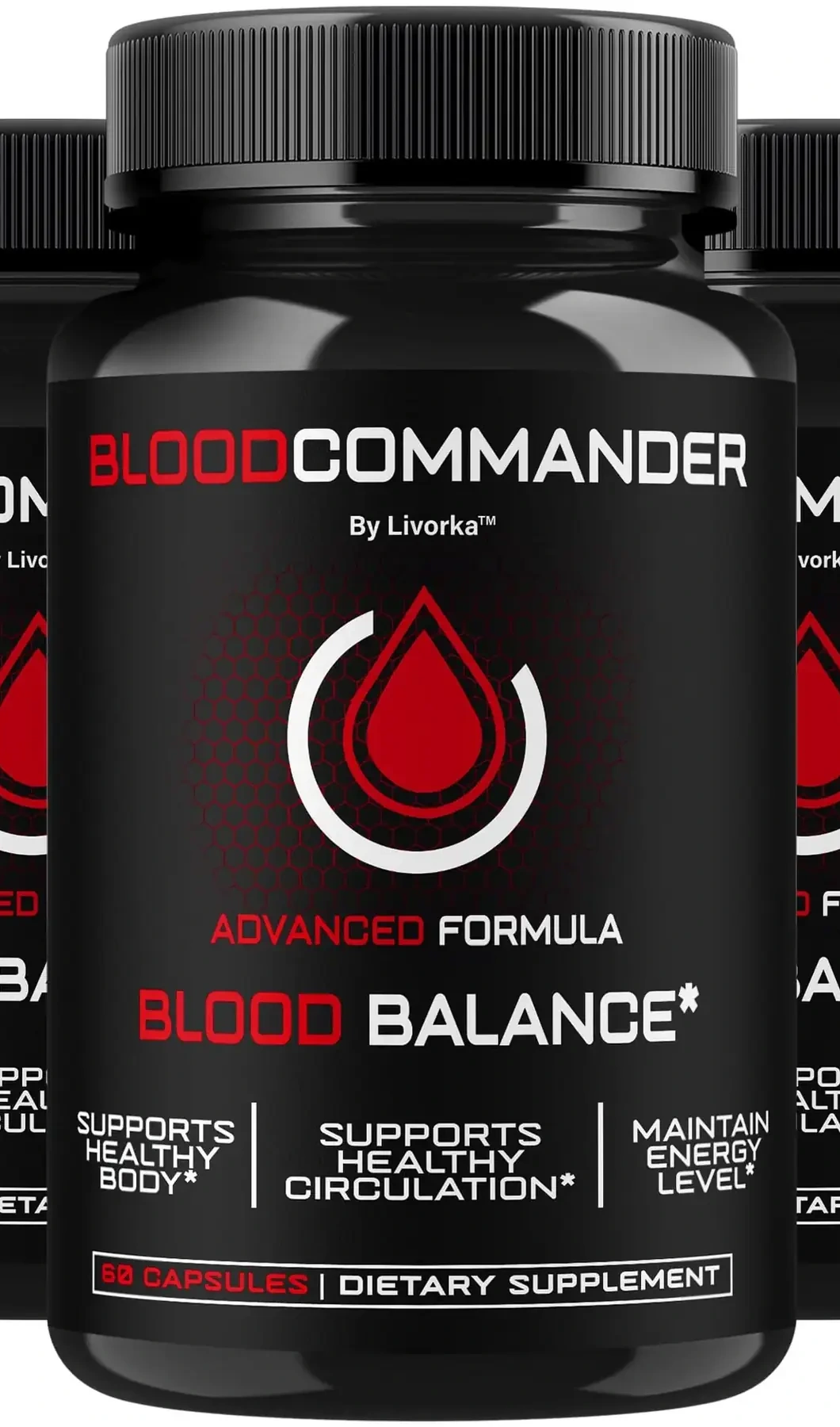 A single bottle of Blood Commander healthy blood and circulation capsules